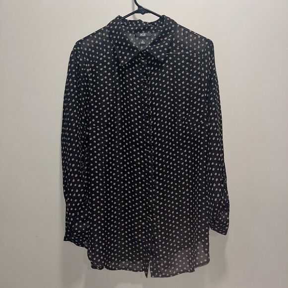 AGB Women's Sheer Polka Dot Button Up Blouse Black/Tan XL Oversized Preppy Twee - Picture 1 of 10